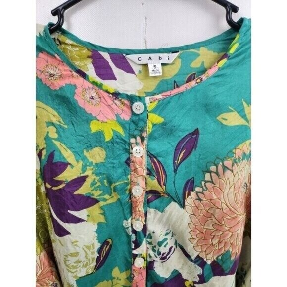 Vintage CAbi Womens Poetry Tunic Top Small Green Floral Silk 3/4 Sleeve BOHO 812 - Picture 3 of 12